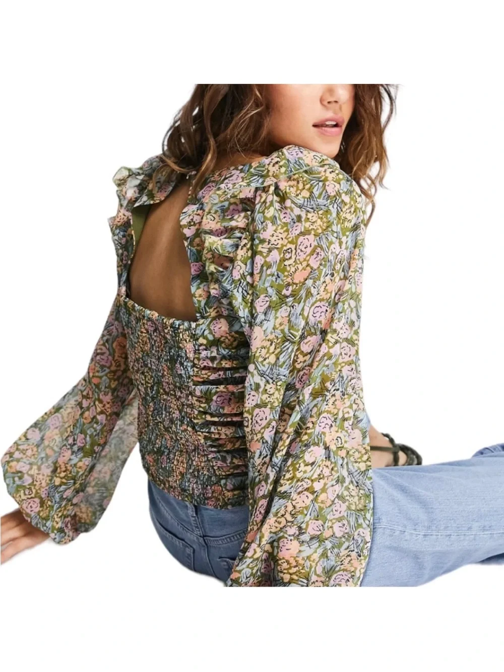 Free People Floral Smocked Puff Sleeve Top